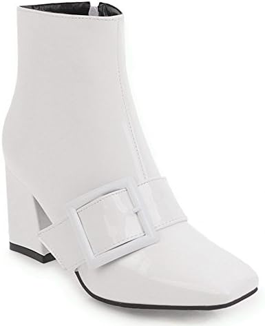 Hecater Boots For Women Ankle Heels Booties Buckle Zipper Thick Block Heels Square Toe Boot