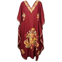 Mogul Interior Women Kimono Kaftan Maroon Embellished Boho Long Maxi Dresses One Size