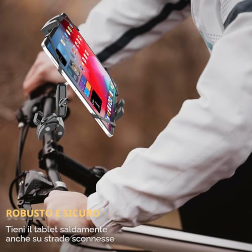 Porta Tablet Manubrio Regolabile [Forte Stabilità e Durata] Supporto Tablet per Passeggino Bicicletta Scooter Barca, Morsetto Tubo Palo Asta per iPad Mini Air Pro, Kindle, Galaxy, Cellulare, 4-13"