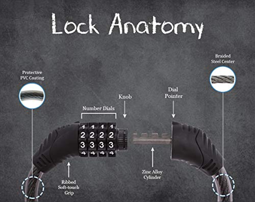 Ardent Cable Bike Lock Combination - no Key - Heavy Duty Extra Long 6ft Steel Chain - for all Road & Mountain Bicycles - Easy Resettable Number Combo for Kids and Adults - Best for Outdoor Use