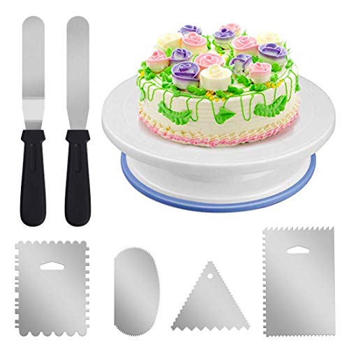 Rotating Cake Turntable-11 Inch Cake Decorating Stand with 2 Icing Spatula and 4 Icing scraper,Revolving Cake Stand White Baking Cake Decorating Supplies - Thumbnail 7