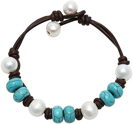 Cultured Freshwater Pearl Bracelet Natural Turquoise Bangle Genuine Leather Jewelry for Girls Women