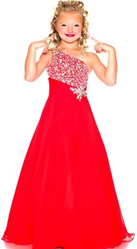 Xiannv Flower Girls' One Shoulder Party Prom Long Pageant Dress (12, Red)