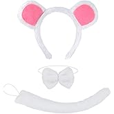 Yxtwaeh 3 Pieces White Mouse Costume Accessories Rat Ears Headband Bow Tie Tail for Unisex Adults Halloween Dress Up Party, White