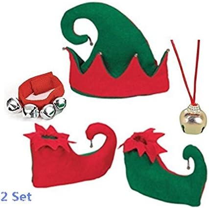Red and Green Jingle Bell Elf Accessory 2 Set- Elf Hat, Elf Shoes, Jingle Bell Necklace, and Jingle Bell Bracelet