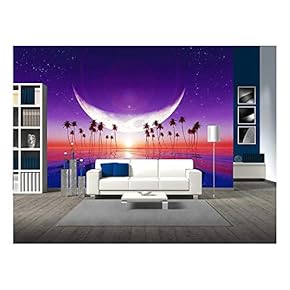 Big Moon Over Purple Sunset at Tropical Sea with Stars - Removable Wall Mural | Self-Adhesive Large Wallpaper - 66x96 inches