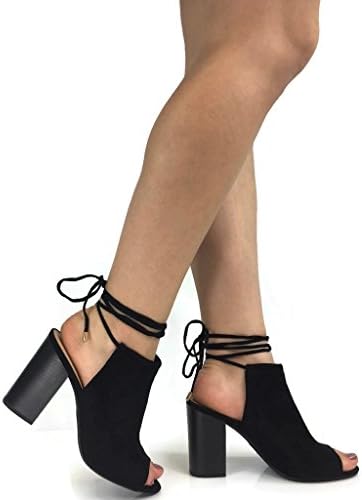 Open Toe Mule Sandal with Ankle Wrap Tie Open Side Stacked Chunky Heel, Black, 8