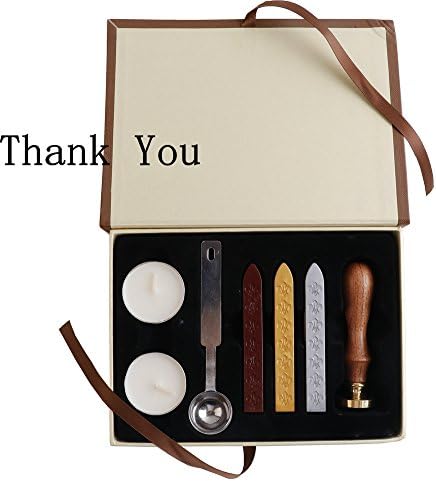 Tokept Wooden Handle Fire Lacquer Wax Badge Seal Stamp Gift Kit Gift Set Collection Letter Pattern Thank you