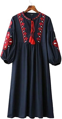 Women Vintage Floral Embroidery Dress Drawstring tie Tassels Long Sleeve Faldas Festa Casual Brand Dresses