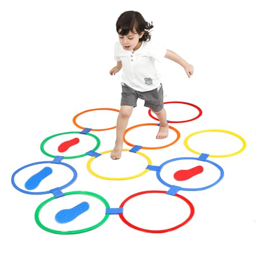 romrex Hopscotch Ring Obstacle Course for Kid Aged 3-6 - Improve Toddler Coordination and Gross Motor Skills with 10 Plastic Rings and 2 Pair of Footprints for Indoor and Outdoor Play Equipment
