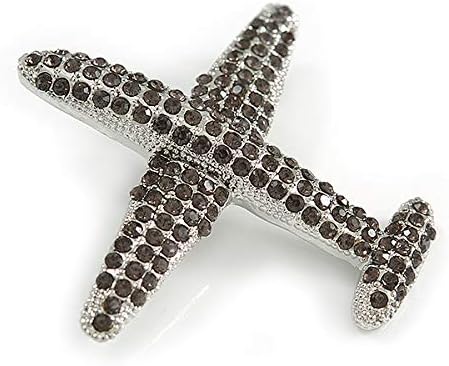 Dim Grey Crystal Aeroplane Brooch In Silver Tone Metal - 50mm Across, dark grey, silver - Image 5