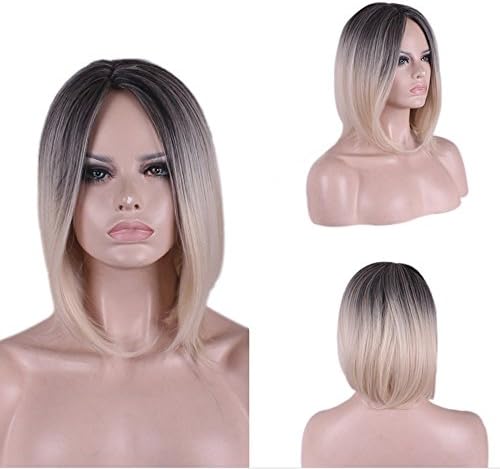 Ladybeauty Ombre Blonde Bob Wigs Straight Short Length Wigs for Women Middle Part Wigs Dark Roots Heat Resistant Synthetic Wigs Hair Color 1b#613