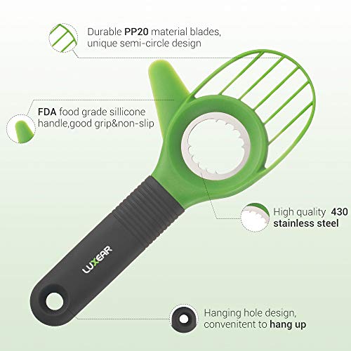 Avocado Slicer - LUXEAR 3-in-1 Avocado Cutter Tool with Comfort-Grip Handle BPA Free Multifunctional Avocado Knife Works as Splitter Pitter Slicer Suitable for kiwi dragon fruit, Green