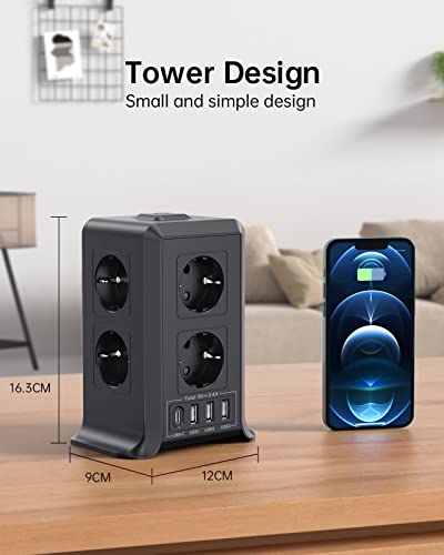 Sameriver 5M Tower Power Strips Sockets, USB Power Strip 8 AC Outlets and 4 USB Multiple Plug, 2500W/10A, Power Strip Sockets Surge Protection, Vertical Strips with Switch for Table, Home, Black