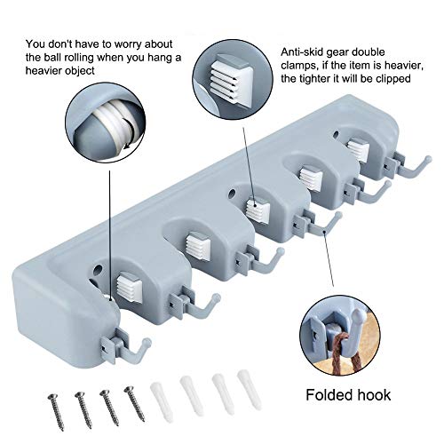 LUVODI Mop and Broom Holder Multifunctional Wall Mounted Organizer Storage Rack 5 Positions with 6 Hooks Rake Towel Hanger Holds Up to 11 Tools for Garden Kitchen Laundry Offices Garage