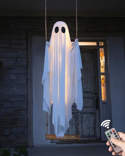 MERKYO Halloween Decorations Outdoor - 5 FT Large Hanging Swing Ghost Halloween Decor with String Lights, Spooky Cute Ghosts Decorations for Front Porch Yard Tree