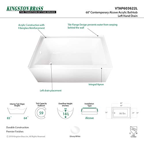Kingston Brass VTAP603622L 60-Inch Acrylic Alcove Tub - Image 3