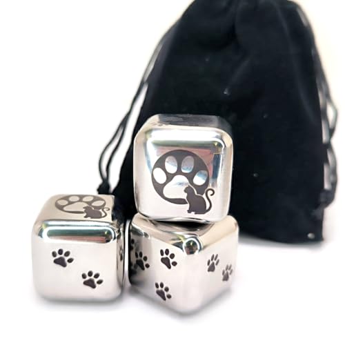 ZHOME 3Pcs/Set Creative Metal Dice Set, Cat's Paw Design Standard Dices 6 Sided Dice for DND MTG PRG Wow Tabletop Games, Silver