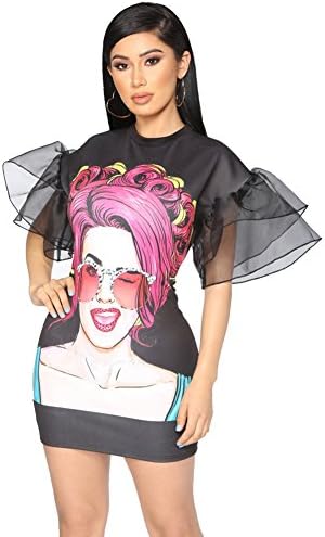 Felicity Young Women's Casual Round Neck Short Mesh Puff Sleeve Digital Print Graphic Loose T Shirt Dress Tunic Tops Blouse Black, X-Large