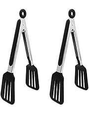 STARUBY Cooking Tongs 9 inches 2-Pack Stainless Steel Kitchen Silicone Serving Tongs Heat Resistant Grill Tongs Meat Turner Spatula Tongs Fish Tongs with Locking Handle Joint, Black