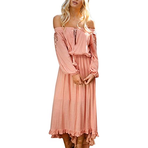 Women Off Shoulder Dress 2018 ,Vanvler Ladies Elegant [ Long Sleeve Lace Dress] -Patchwork Irregular Dress (L, Pink)