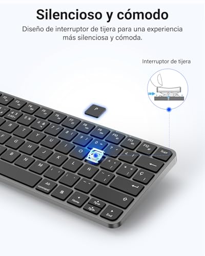 EASYTAO Teclado Inalambrico, Bluetooth & 2.4G, Cambio de 4 Dispositivos, Teclado Inalámbrico Recargable USB-C, Español con Ñ, Ultradelgado/Silencioso/Portátil, Windows, macOS, iPadOS, Android(Negro)