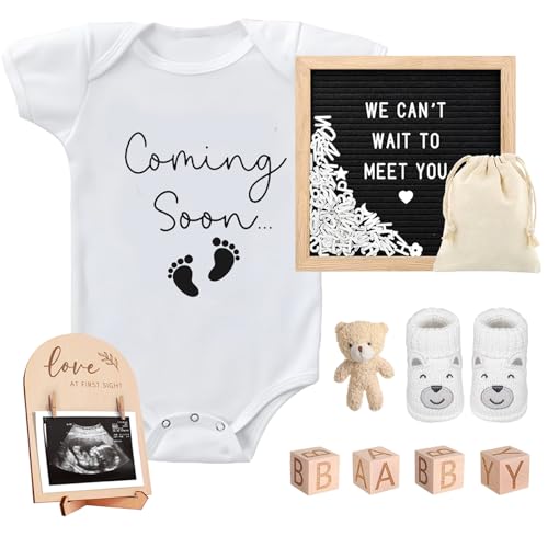 9 Pcs Pregnancy Announcements Set, Include Felt Letter Board Baby Bodysuit Shoes and Wooden Sign Surprise Announcement for Grandparents Partner Gift Family Reveal(Grey Coming soon-white shoe)