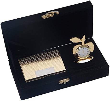 JEWEL FUEL Gold Plated Visiting Card Holder and Gold Plated Apple Table Clock Gift Set