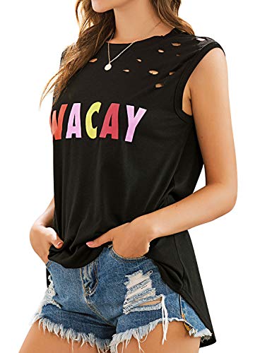 MYMORE Women\'s Ripped Letter Graphic Tank Tops Summer Distressed Sleeveless Tee Shirts Blouse Black,S