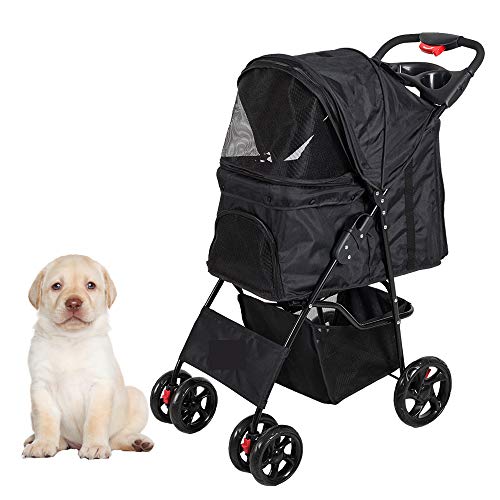 KARMAS PRODUCT Pet Stroller for Dog Cat Small Animal Folding Walk Jogger Travel Carrier Cart with Four Wheels (Black)