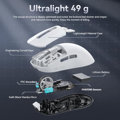 ATTACK SHARK X3 49g Ultralight Mouse, PixArt PAW3395 Gaming Sensor, BT/2.4G Wireless/Wired Gaming Mouse, 26000 DPI, 200 Hours Battery, Office Mice for Win11/Xbox/PS/Mac (White)