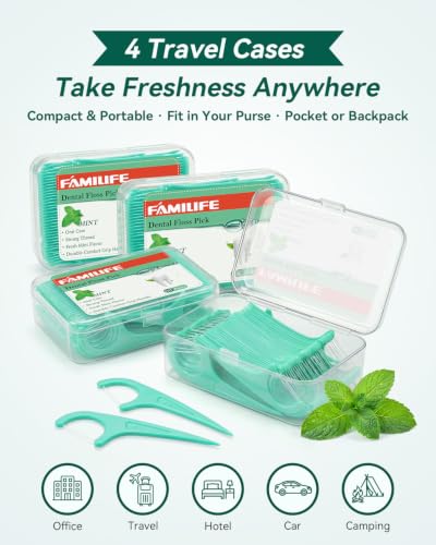 FAMILIFE Floss Picks, 240 Count Mint Dental Floss Cleaner, Tooth Picks Flossers with 4 Travel Handy Cases, Helps to Fight Tooth Decay and Keep Your Teeth Clean, Flossing Sticks for Family