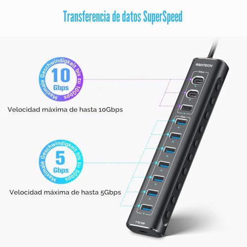 USB Powered Hub, RSHTECH 11 Ports USB 3.2 Hub with Power 60W (12/5A), USB Data Port 10Gbps (2*Tip-C, 1*Tip-A), 7*5Gbps USB 3.0 and 20W PD, Aluminum USB Splitter with 2 in 1 Cable, RSH-A11PD