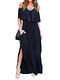 Choies Women's Off Shoulder Ruffle Maxi Dress Side Split Pockets Long Dress,Black,X-Large