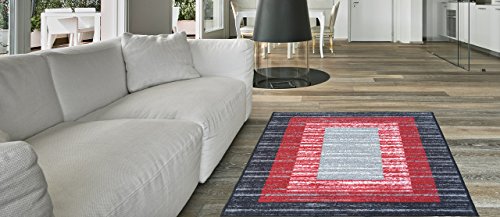 Anti-Bacterial Rubber Back AREA RUGS Non-Skid/Slip 5x7 Floor Rug | Red & Black Rectangle Indoor/Outdoor Thin Low Profile Living Room Kitchen Hallways Home Decorative Traditional Area Rug