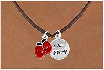 Boxing Gloves &amp; "I Am Strong" Disc Suede Necklace