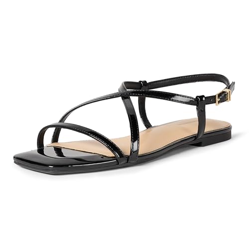 Amazon Essentials Women's Flat Strap Sandals with Memory Foam, Black Patent, 8.5