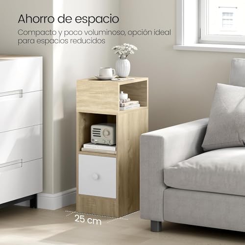 EUGAD 2X Mesas de cabeceira com 2 compartimentos e 1 gaveta, 25x30x66 cm, Mesa de cabeceira para quarto estreita, estilo moderno, Mesa lateral alta de madeira, Carvalho claro, 0192ZZ-2