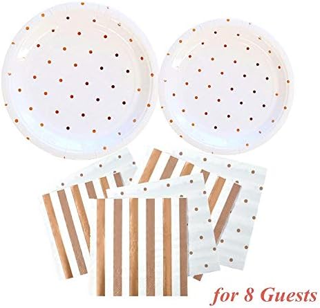 OFACL Glittering Paper Disposable Plates Dinnerware Set Round Plates and Napkins Tableware Set Paper Food Tray for Party Festivals Picnics Wedding Theme Birthday Decorations,Rose Gold Dot,36 Pieces