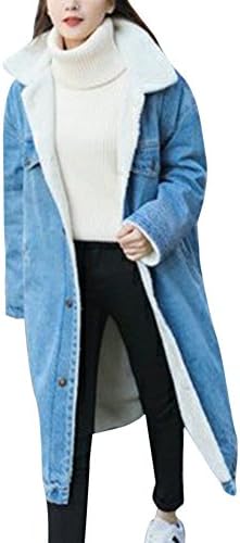 Qitun Womens Ladies Casual Loose Lapel Denim Coat Washed Jeans Long Jacket Button Long Sleeve with Pocket