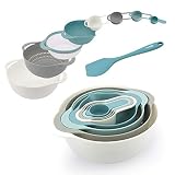 KALREDE Plastic Mixing Bowls - Mixing Bowl Set of 9 - BPA Free Nesting & Stackable Bowls Set Including Measuring Cups, Colander, Sifter, Large Bowls - Bonus a Silicone Spatula