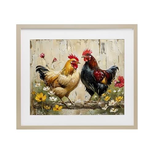 'Country Chic Floral Roosters'| Framed Print Under Glass
