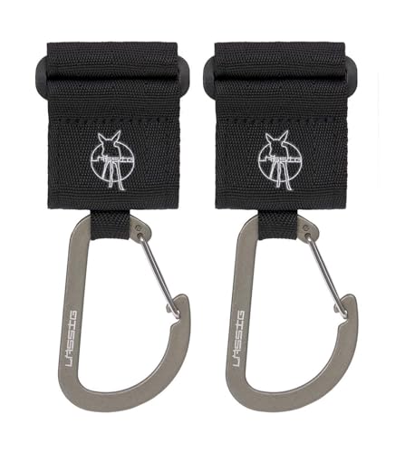 LAESSIG Pushchair Attachment (Pack of 2) Velcro Carabiner Hook Pram Hook Shopping Hook Metal/Stroller Hooks with Carabiner Black