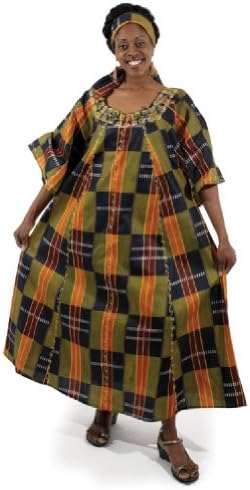 Kente Cloth Pattern Umbrella Dress with Head Wrap - One Size Fits Most