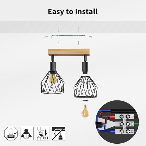 LVWIT Ceiling Lamps, Ceiling Spotlights, Black Wall Kitchen Lights with E14, Adjustable 2-Way Spotlights, Industrial Wall Lamp, Ceiling Lamp for Living Room(NO Bulbs)