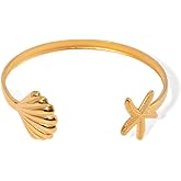 Shell Starfish Statement Bracelet For Women Surgical Stainless Steel Fashion Adjustable Ocean Sea Style Open Cuff Wrap Bracelet Comfort Fit Chic Holiday Summer Party Jewelry Dainty Gift