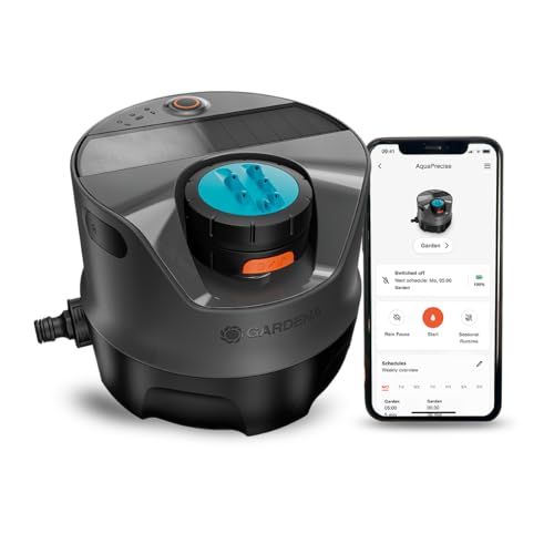 Gardena AquaPrecise Bewässerungssystem für Rasenflächen bis zu 320 m²: solarbetrieben, gleichmäßige Wasserverteilung, für jede Gartenform, Bluetooth, einfache I