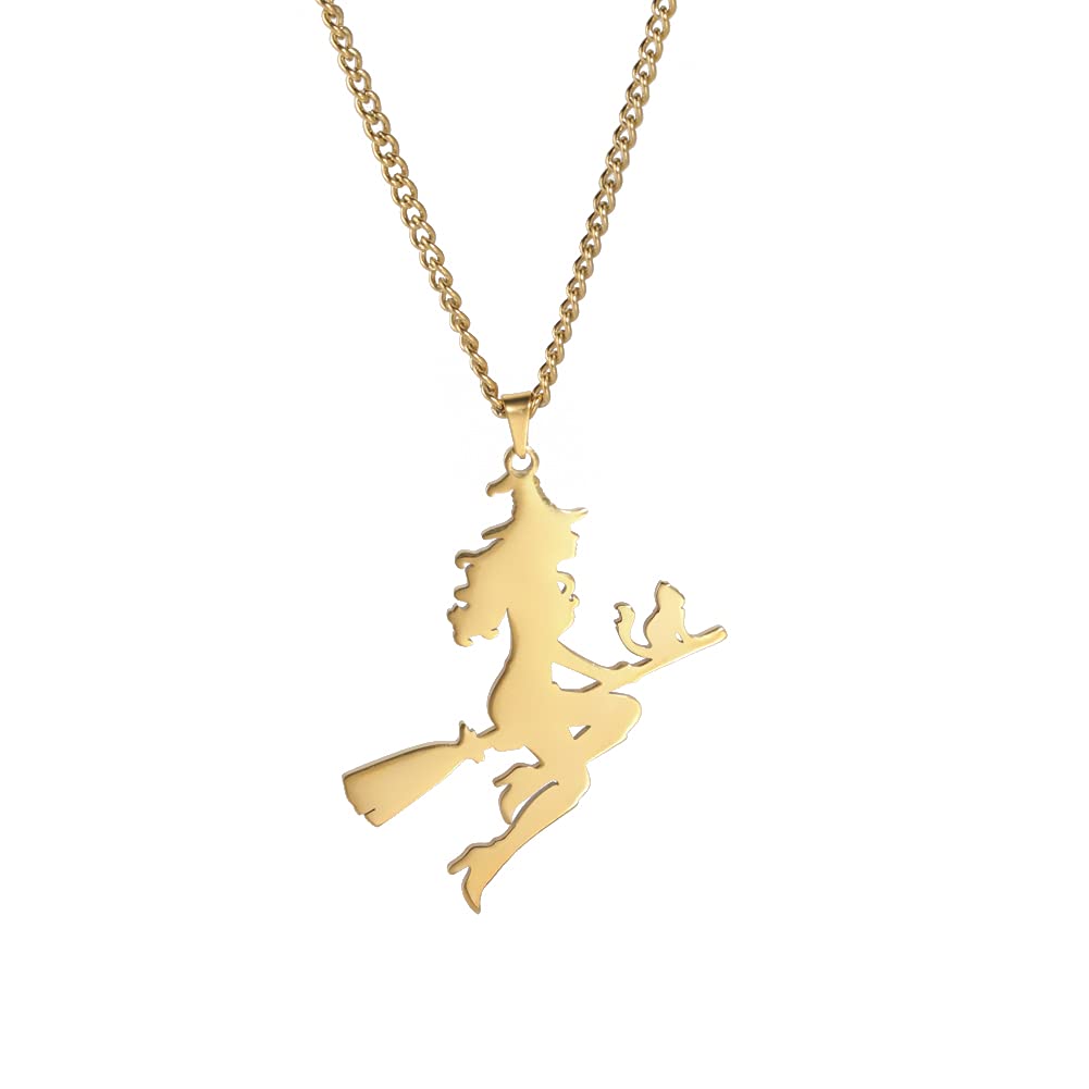 Dreamtimes Magic Little Witch Broom Cat Pendant Necklace Charms Christmas Charms Gifts Halloween Charms Stainless Steel Moon & Magic Witch Necklace (Gold)