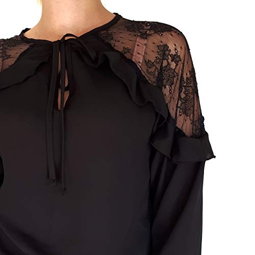 [- Blooming Jelly Women's Lace Cold Shoulder Tops Tie V Neck Long Sleeve Top Drawstring Loose Ruffl