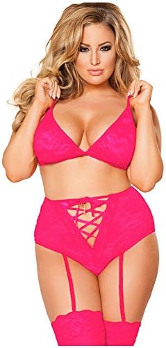UBetterM Women Sexy Rose Red Plus Size Lacy Connection lace-up?Bralette Set